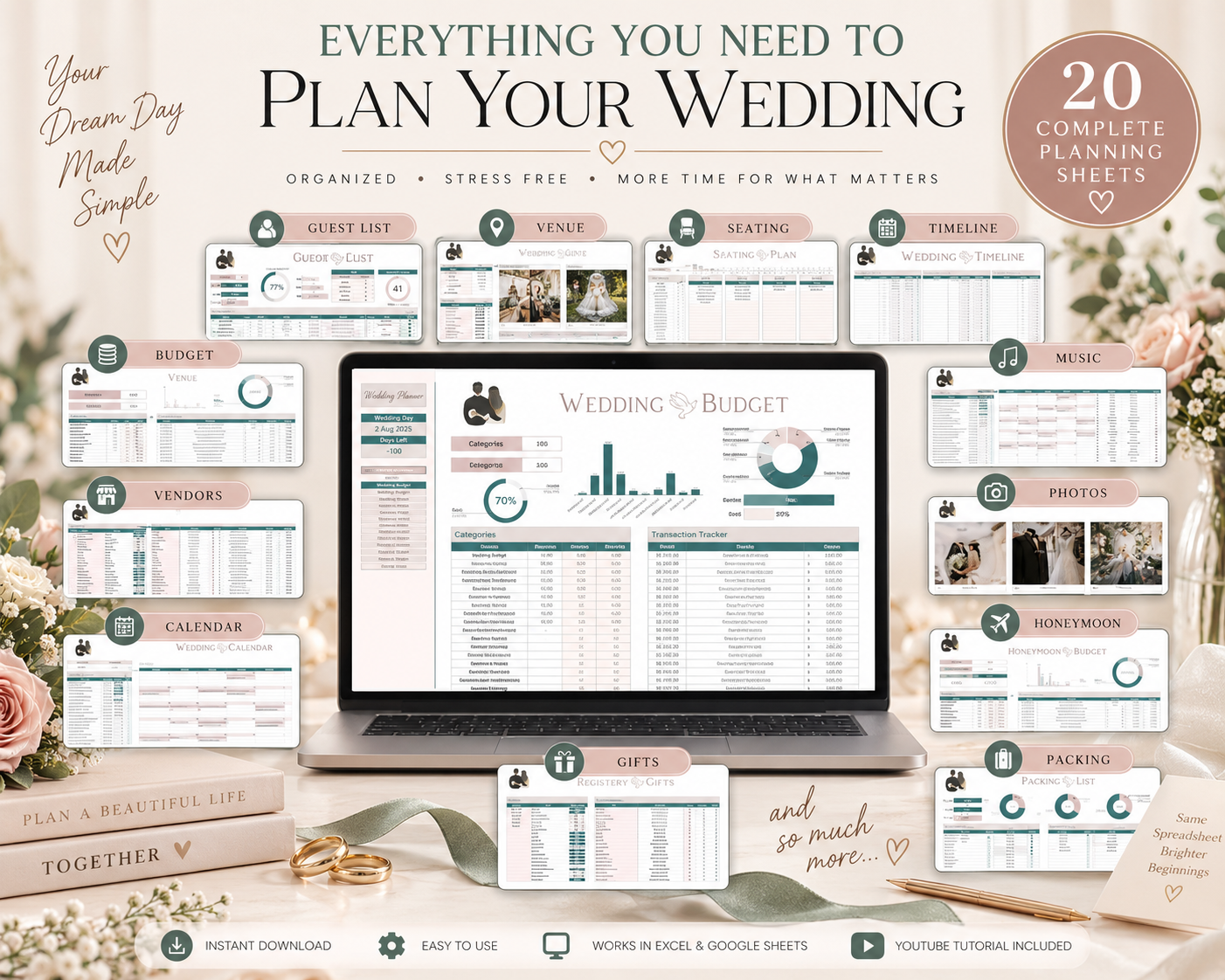 Wedding planning spreadsheet overview showing budget, guests, venue and timeline